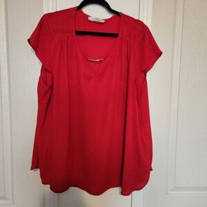 Suzy Shier Blouse, Red, tiny cap sleeves, silver  metal on V neck, loose, 1XL
